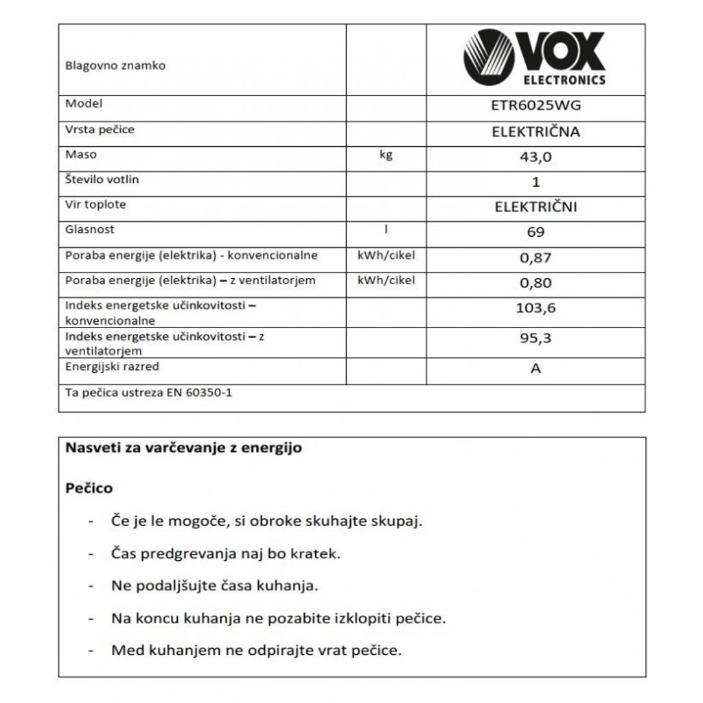 VOX električni štednjak ETR 6025 WG 
