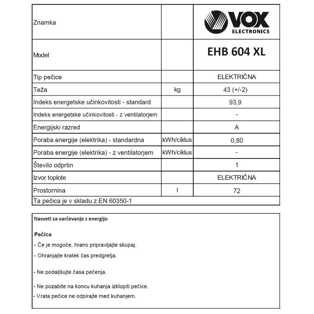 VOX električni štednjak EHB 604 XL