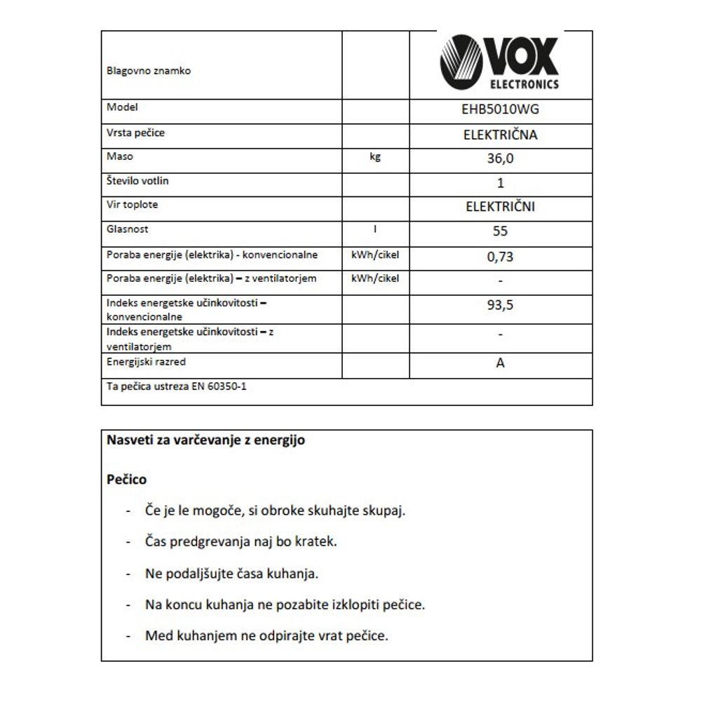 VOX električni štednjak EHB 5010 WG (4x električni)