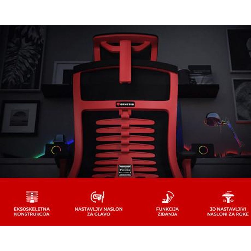 GENESIS ASTAT 700 gaming/uredska stolica, ergonomska, PureFlowPLUS™ tehnologija, ExoBase™ konstrukcija, CareGlide™ kotači, podesiva visina/nagib, crno-crvena