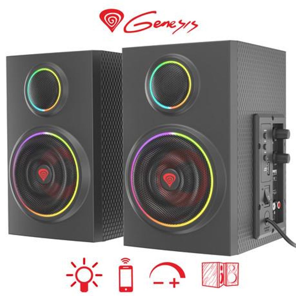 GENESIS Gaming stereo 2.0 zvučnici HELIUM 300BT, Bluetooth 5.0 + 3.5 mm, vrhunski bas i zvuk, drveno kućište, ARGB osvjetljenje