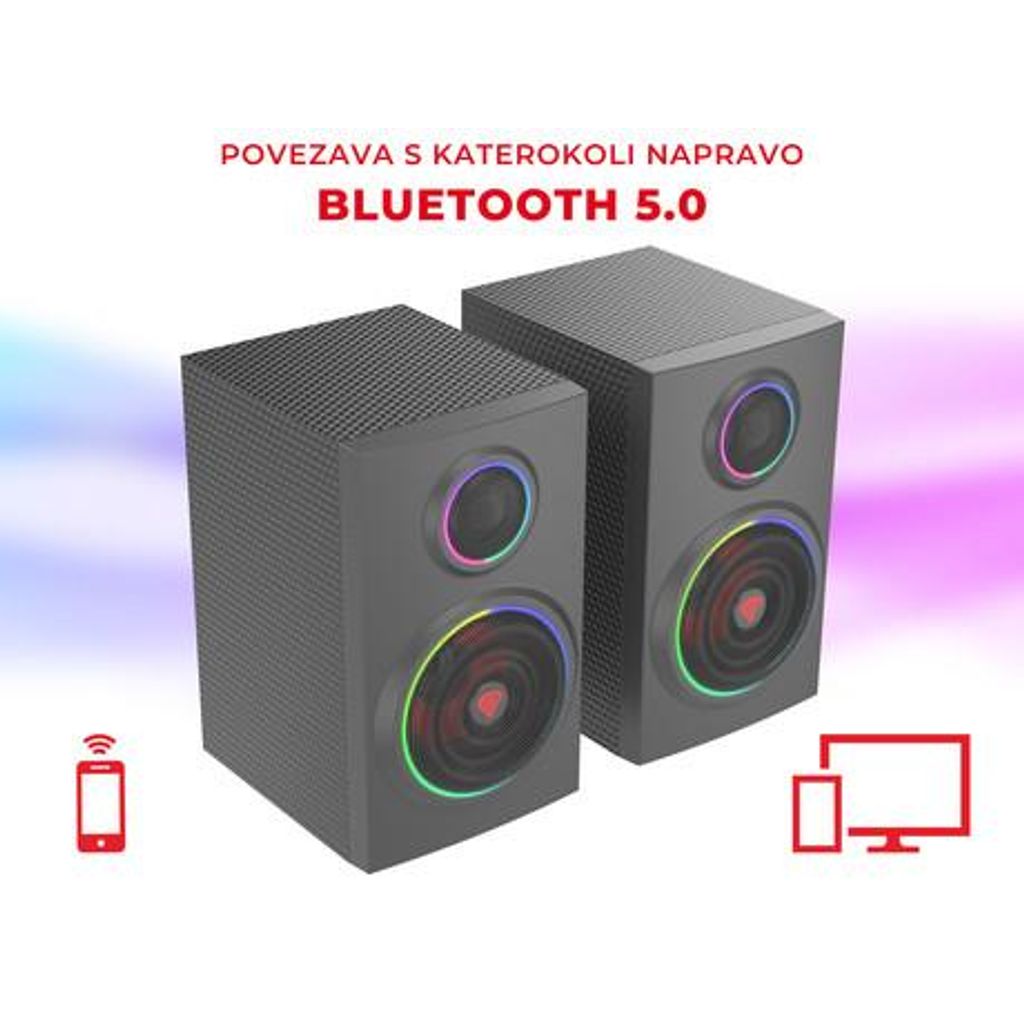 GENESIS Gaming stereo 2.0 zvučnici HELIUM 300BT, Bluetooth 5.0 + 3.5 mm, vrhunski bas i zvuk, drveno kućište, ARGB osvjetljenje