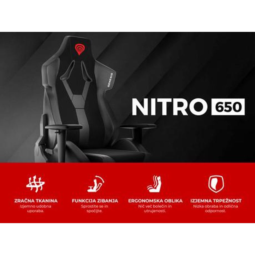 GENESIS gaming stolica NITRO 650, ergonomska, podesiv nagib, funkcija ljuljanja, crna (Onyx Black)