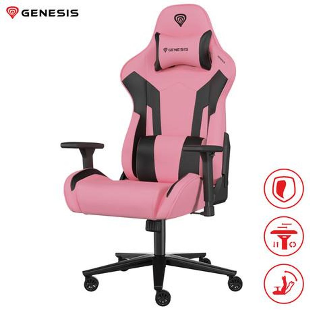 GENESIS NITRO 720 igraća stolica, ergonomska, podesiva visina/nagib, 3D nasloni za ruke, CareGlide™ kotači, ružičasto crna