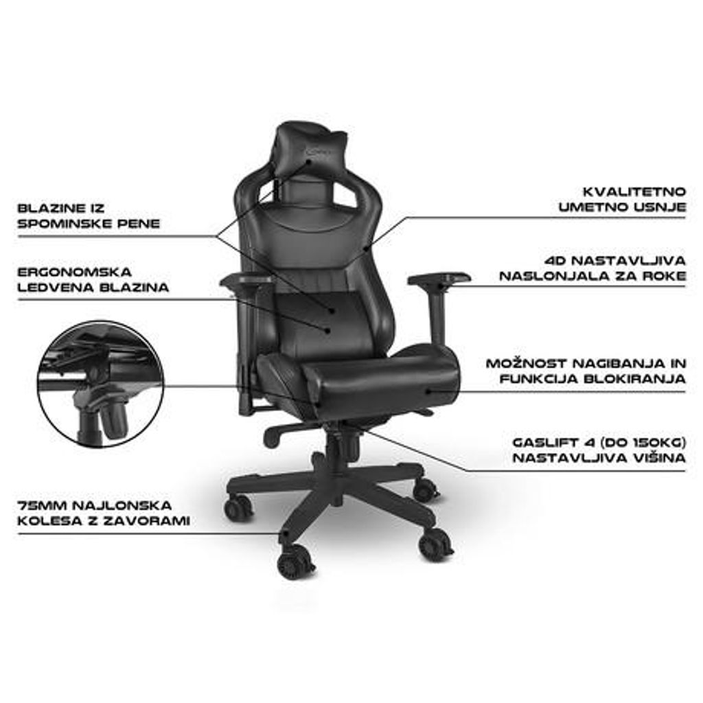 GENESIS profesionalna gaming stolica NITRO 950, ergonomska, podesiv naslon, crna