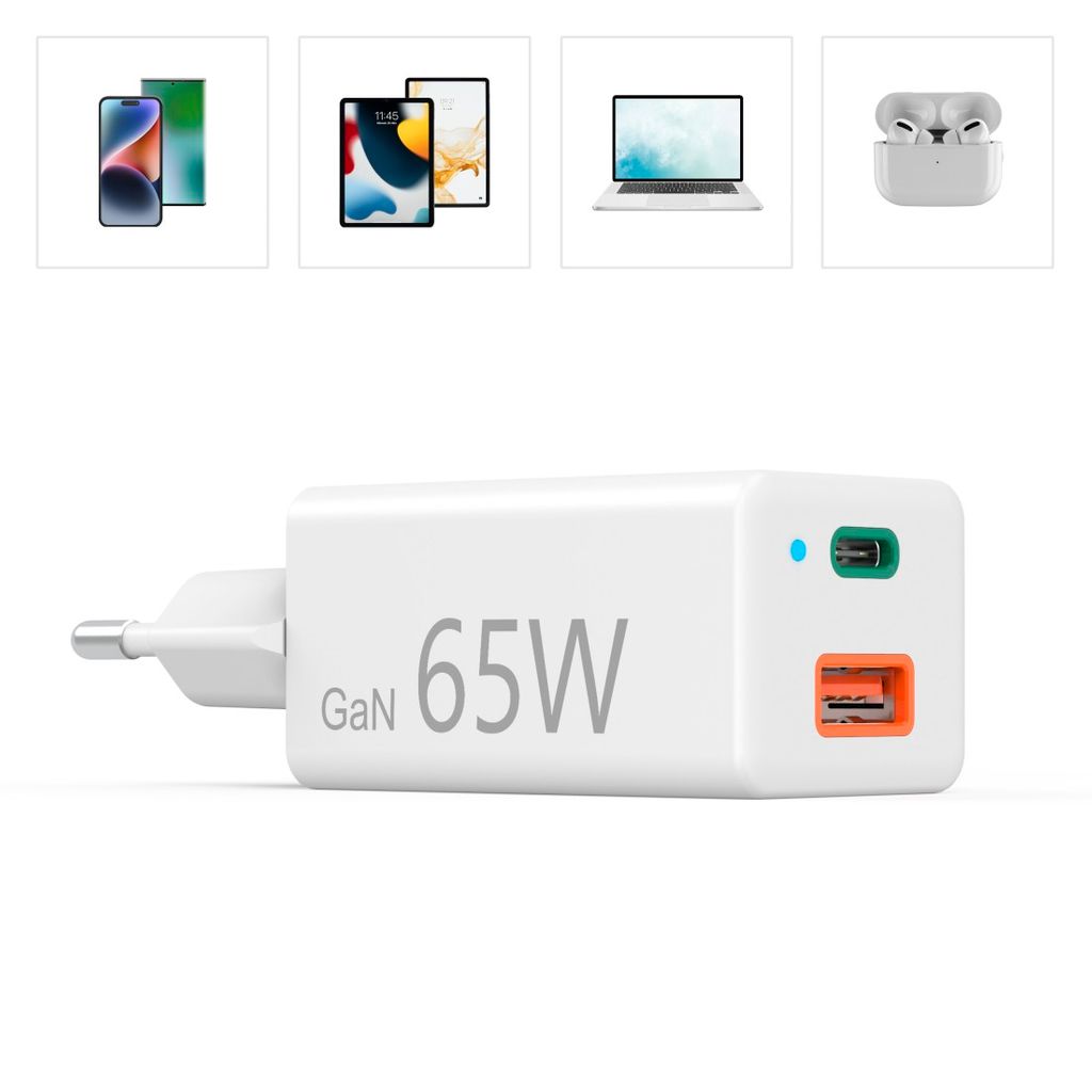 HAMA brzi punjač, GaN, 1x USB-C PD, 1x USB-A QC, mini punjač, 65 W, bijeli