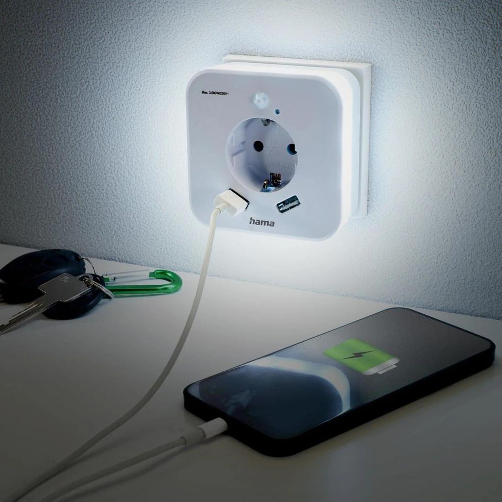 HAMA LED noćno svjetlo s utičnicom, 2 USB izlaza, senzorom pokreta i svjetla