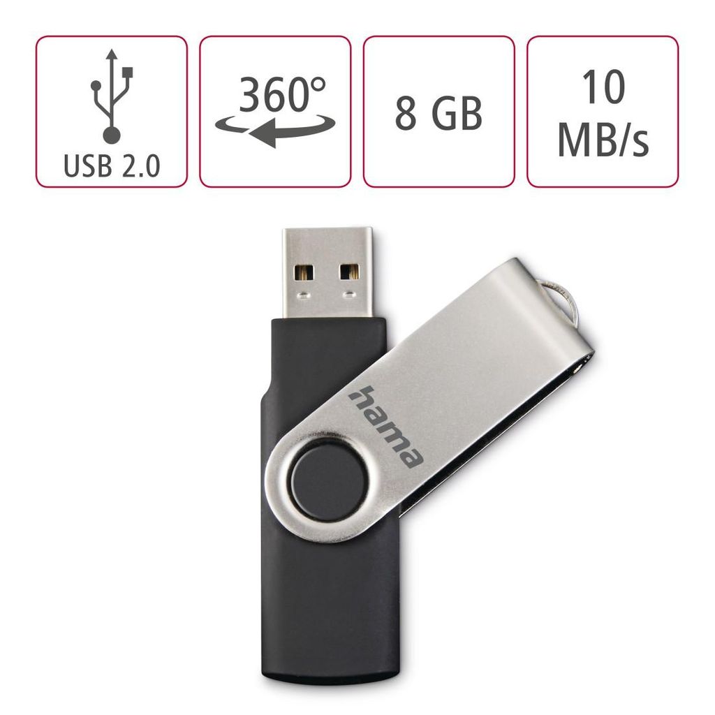 HAMA "Rotate" USB Flash Drive, USB 2.0, 8 GB, 10 MB/s, crna/srebrna