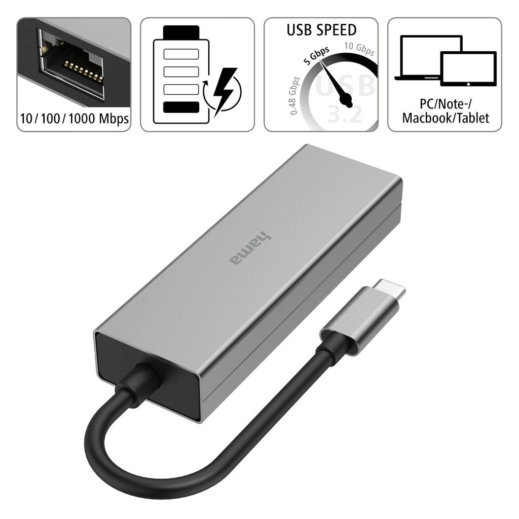 HAMA USB-C hub, multiport, 4 priključka, 2 x USB-a, USB-C, LAN/ternet