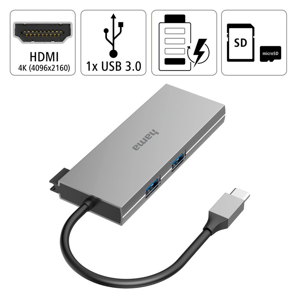 HAMA USB-C hub, multiport, 6 priključaka, 2 x USB-a, USB-C, HDMI™, SD, microSD