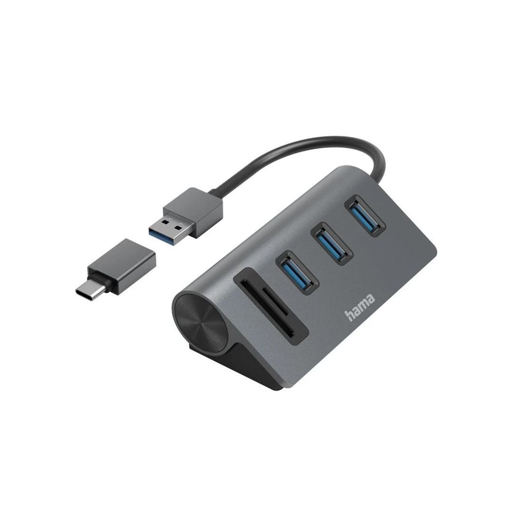 HAMA USB čvorište/čitač kartica, 5 priključaka, 3x USB-a, SD, microSD uključujući USB-C adapter